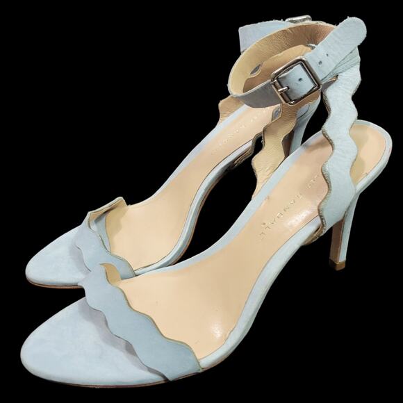 Loeffler Randall Reina Heel Blue Sandals Ankle Strap Leather Wavy Scalloped 8.5 - Picture 3 of 15